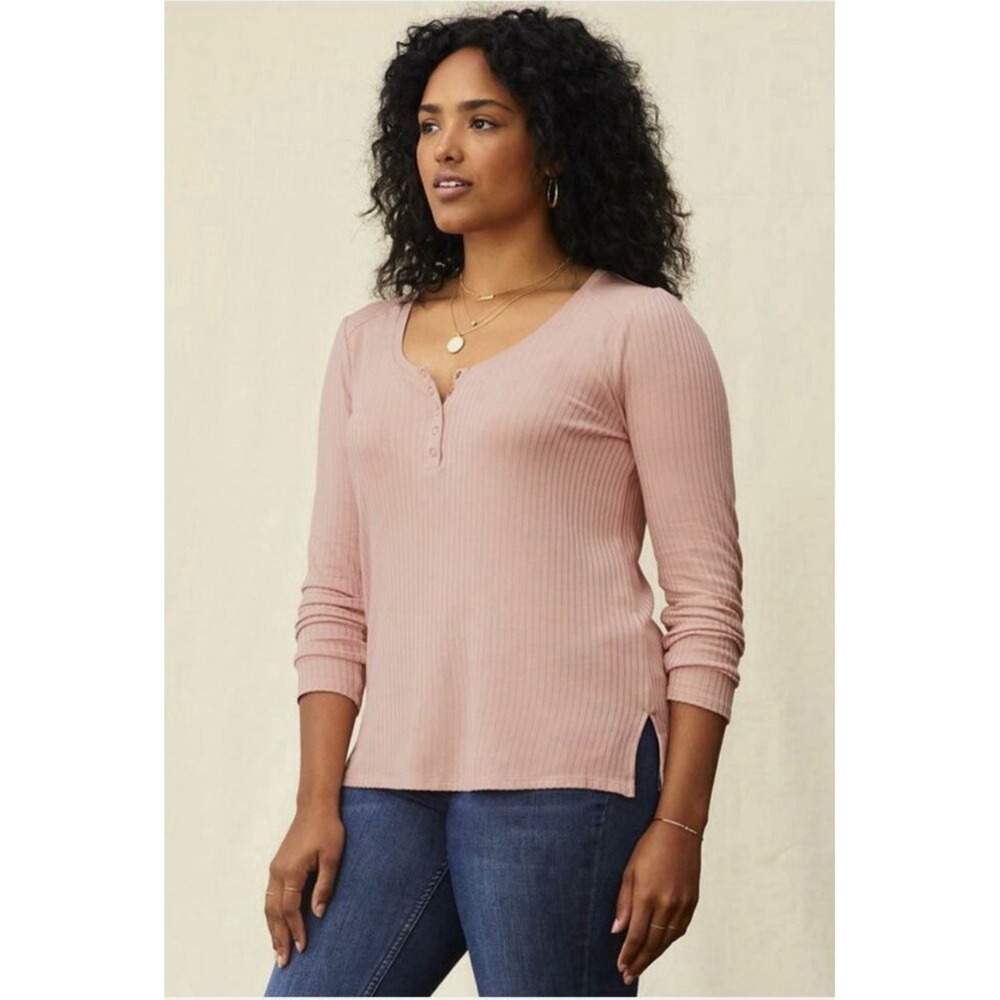 Matilda Jane Womens Ryanne Henley Tee Large Pink Soft Ribbed Long Sleeve New